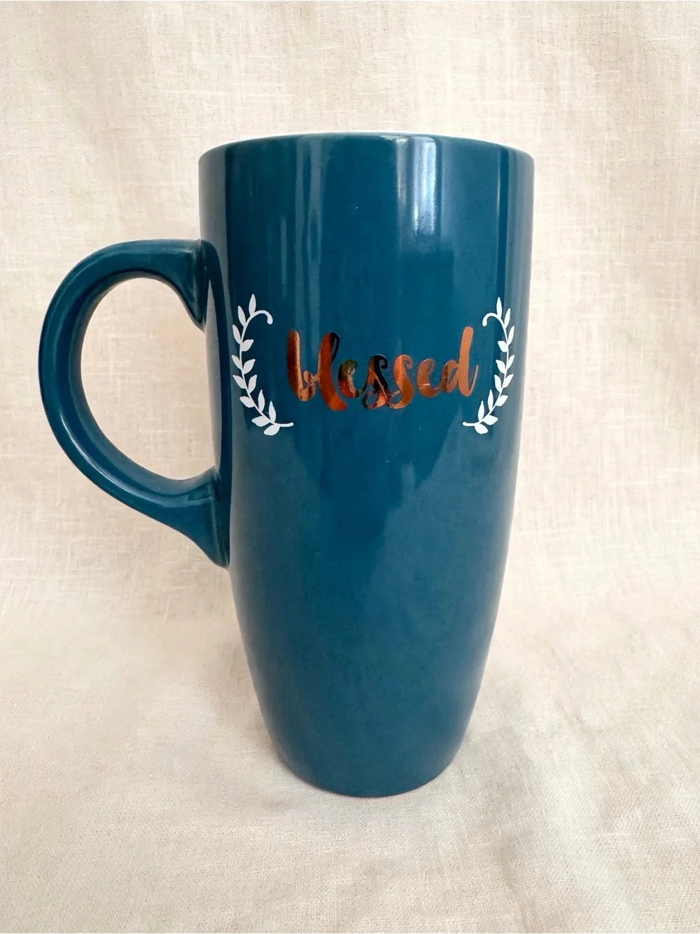 Sheffield Home Blessed Tall Ceramic Travel Mug Teal Copper Foil + Lid 16oz